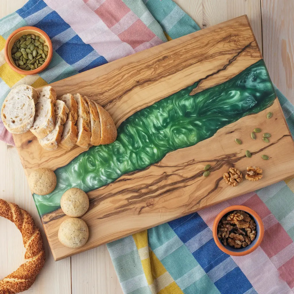 Emerald River – Handcrafted Olive Wood and Epoxy Resin Charcuterie Board KitchenResinArt